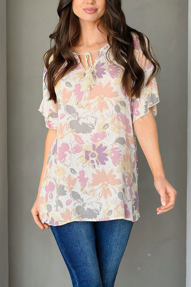 Short ruffle sleeve floral tunic top (EDWT9458)