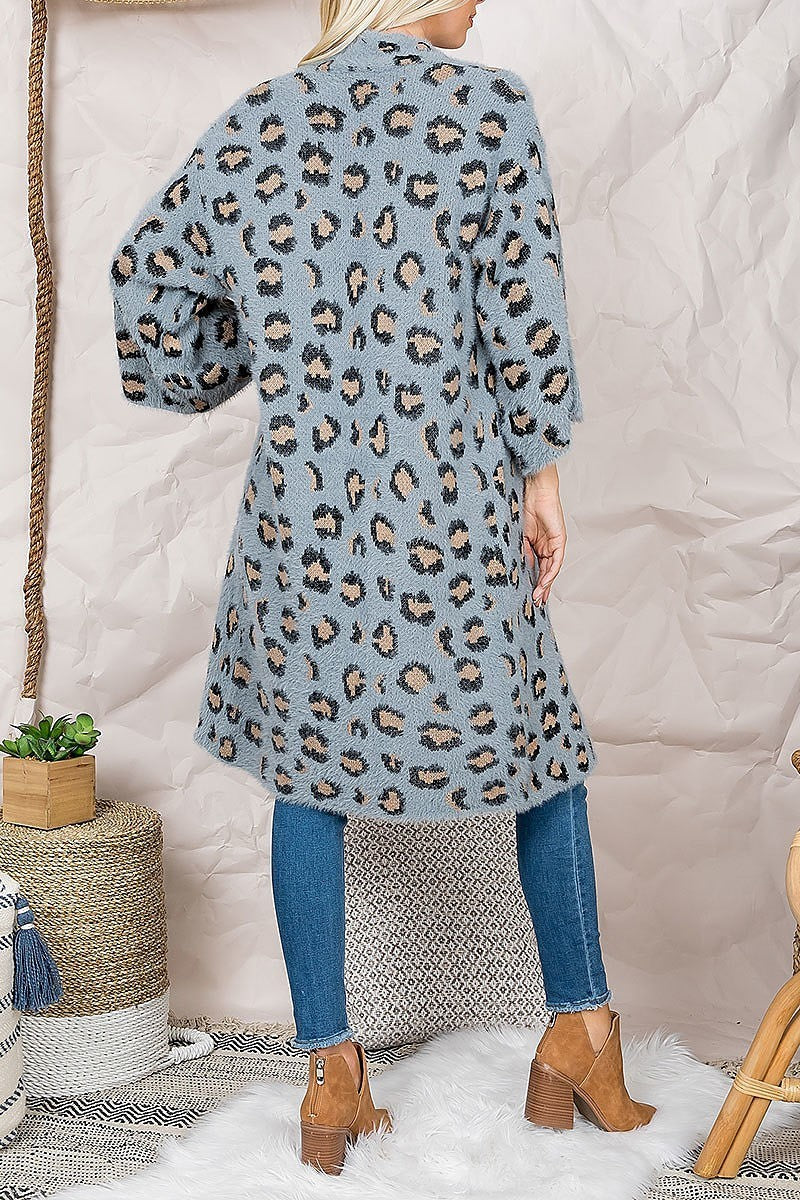 Fuzzy fur leopard print knee length kimono (DGS5534)