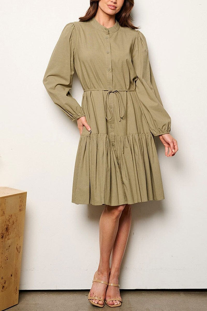 Long sleeve button up self tie mini dress (EFWT9365)