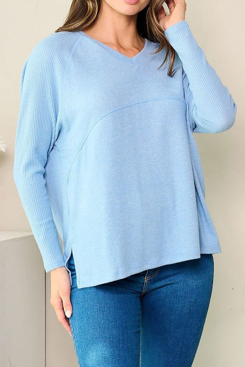 Long sleeve v-neck solid top (EFWT3666)