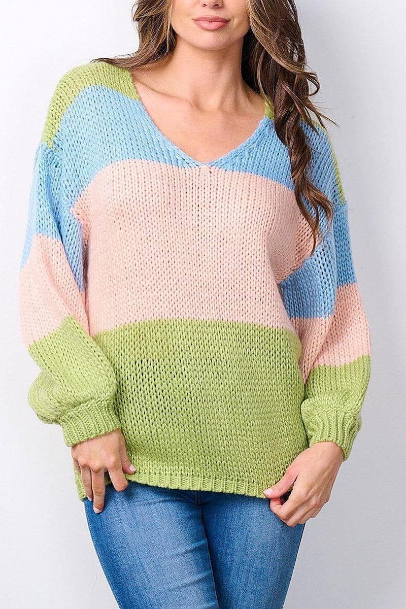 Long sleeve v-neck colorblock sweater (EFWT7497)