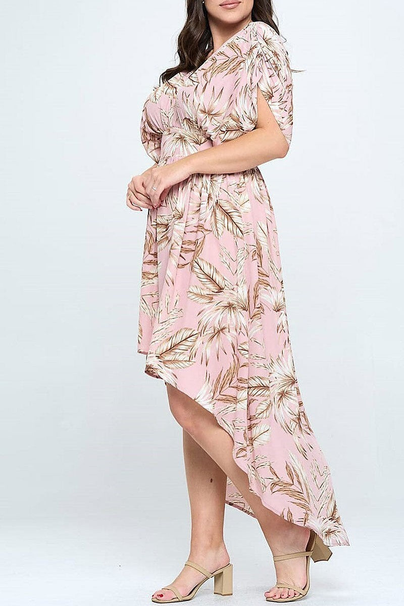 Short sleeve v-neck high-low leaf print maxi dress (EGWT1340)