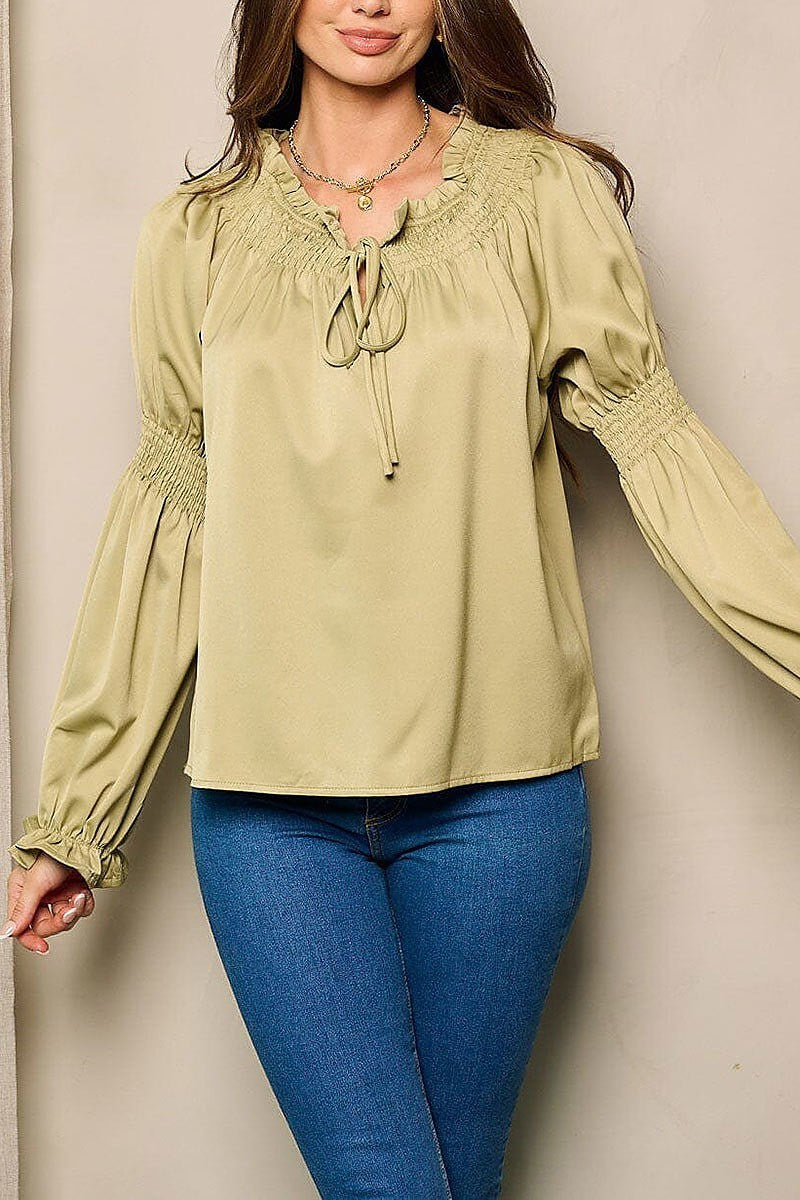 Long smock sleeve neck tie blouse top (EFWT4490)