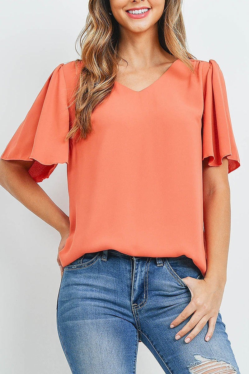 Waterfall sleeve v neck round hem top (ED9956)