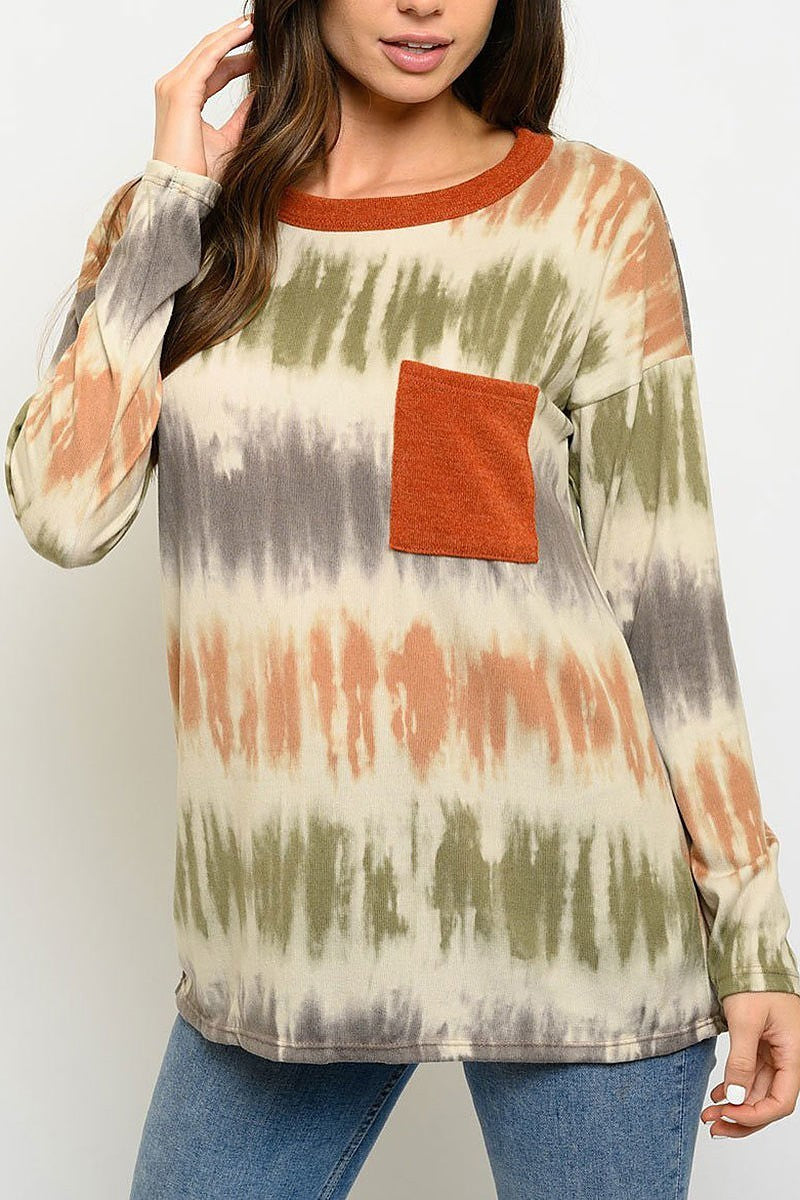 Tie dye front pocket long sleeve top (EDWT3073)