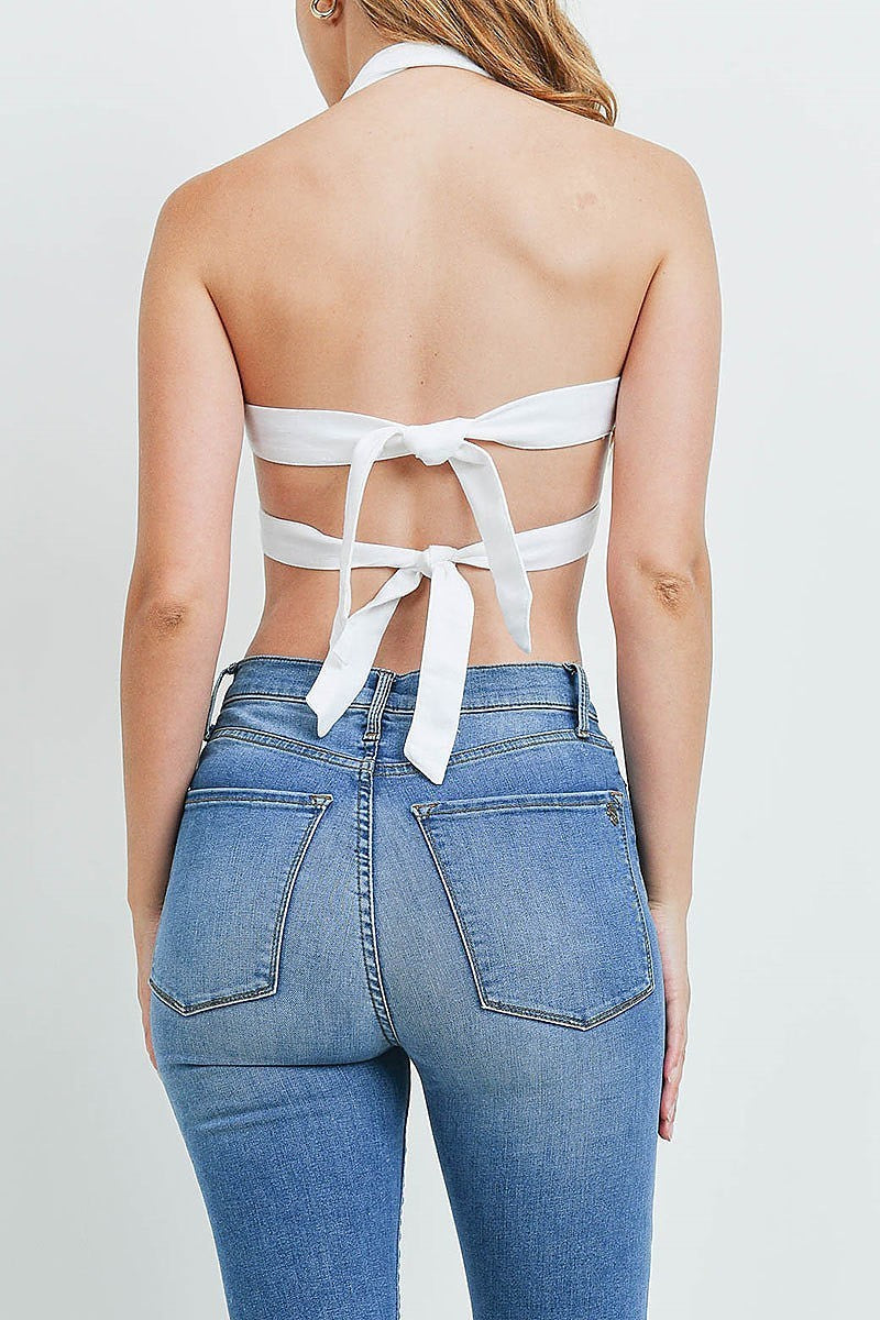 Button trimmed ruched halter neck crop top (ED9867)