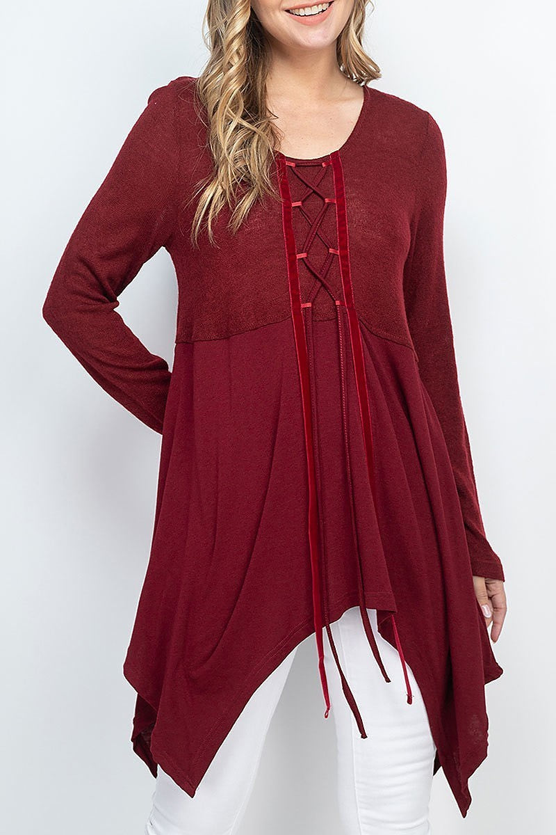 Velvet tape lace up center detail asymmetrical hem tunic top (EF1313)