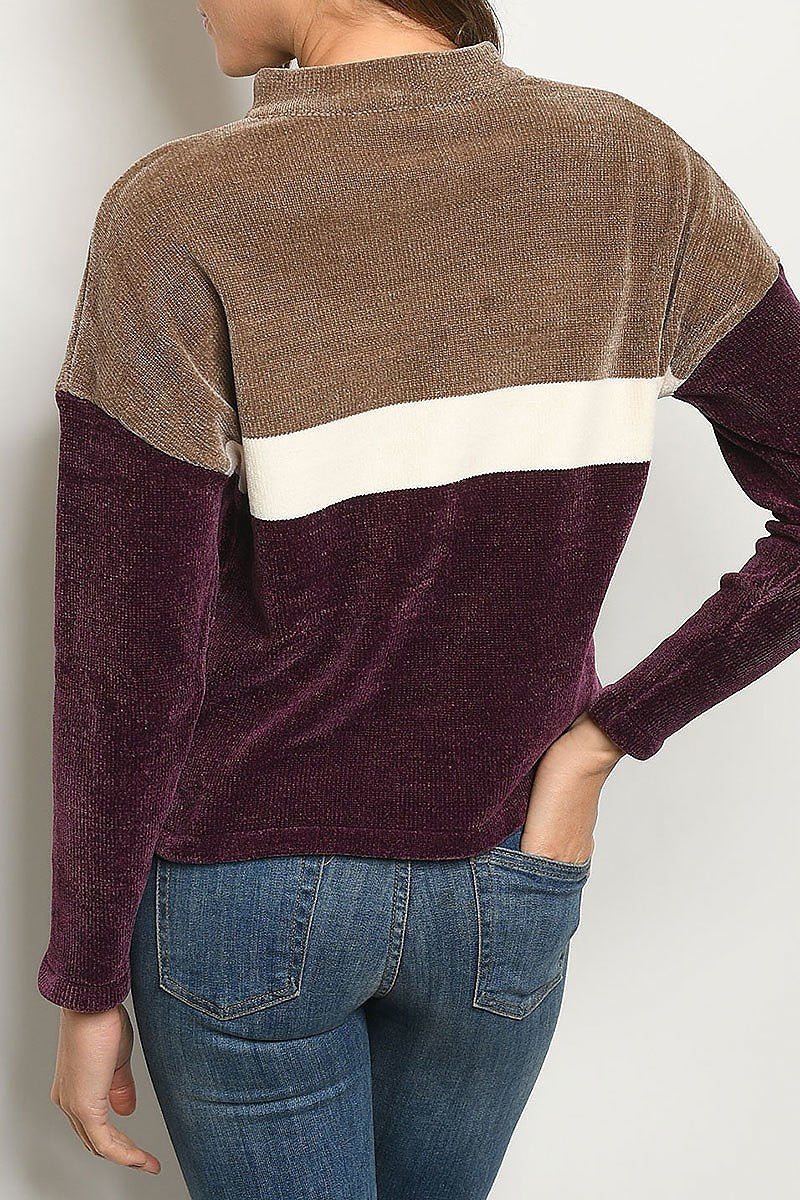 Zipper neck color block chenille sweater (DGS4633)