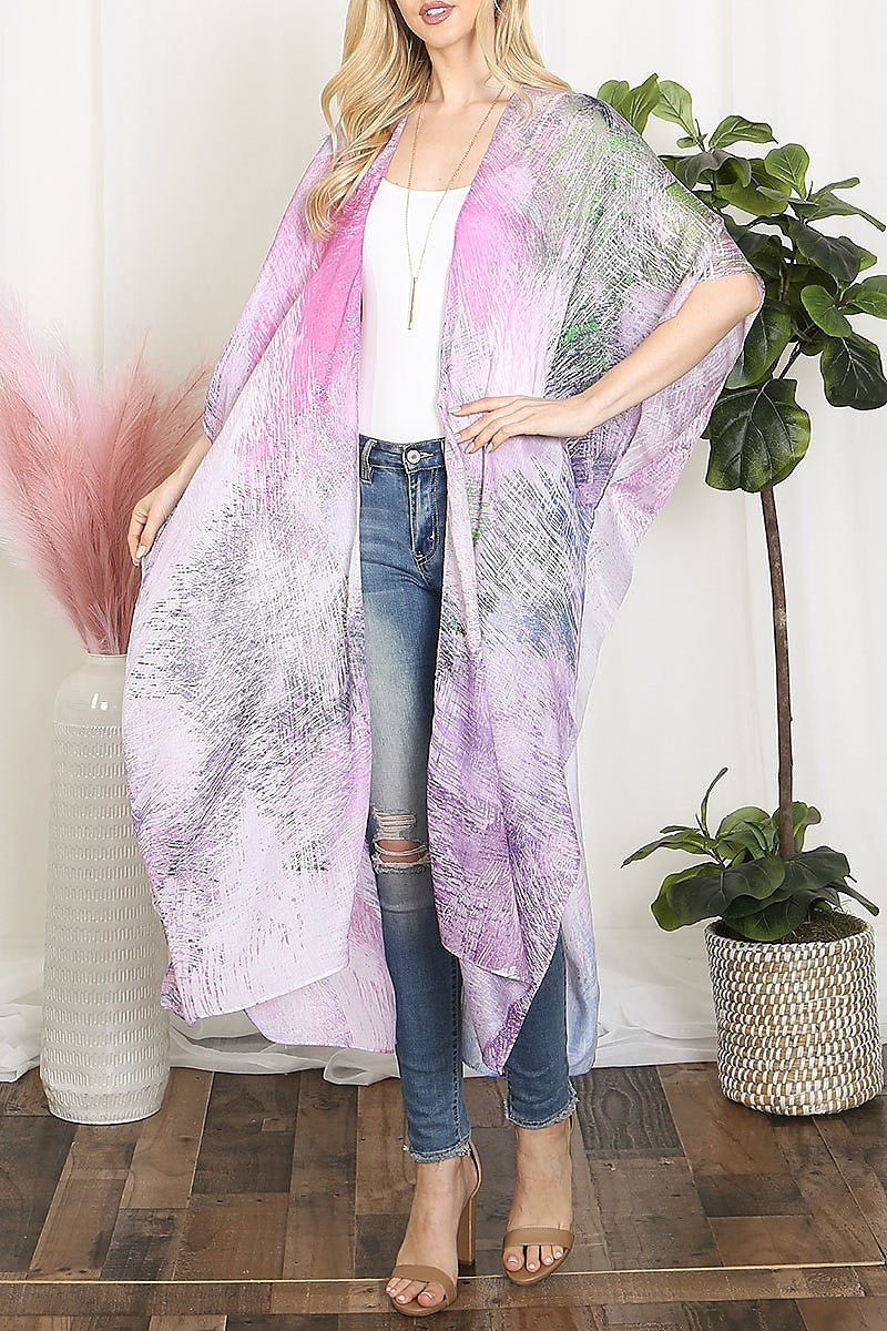 Tie dye multicolor splatter line print open front long kimono (EF5610)