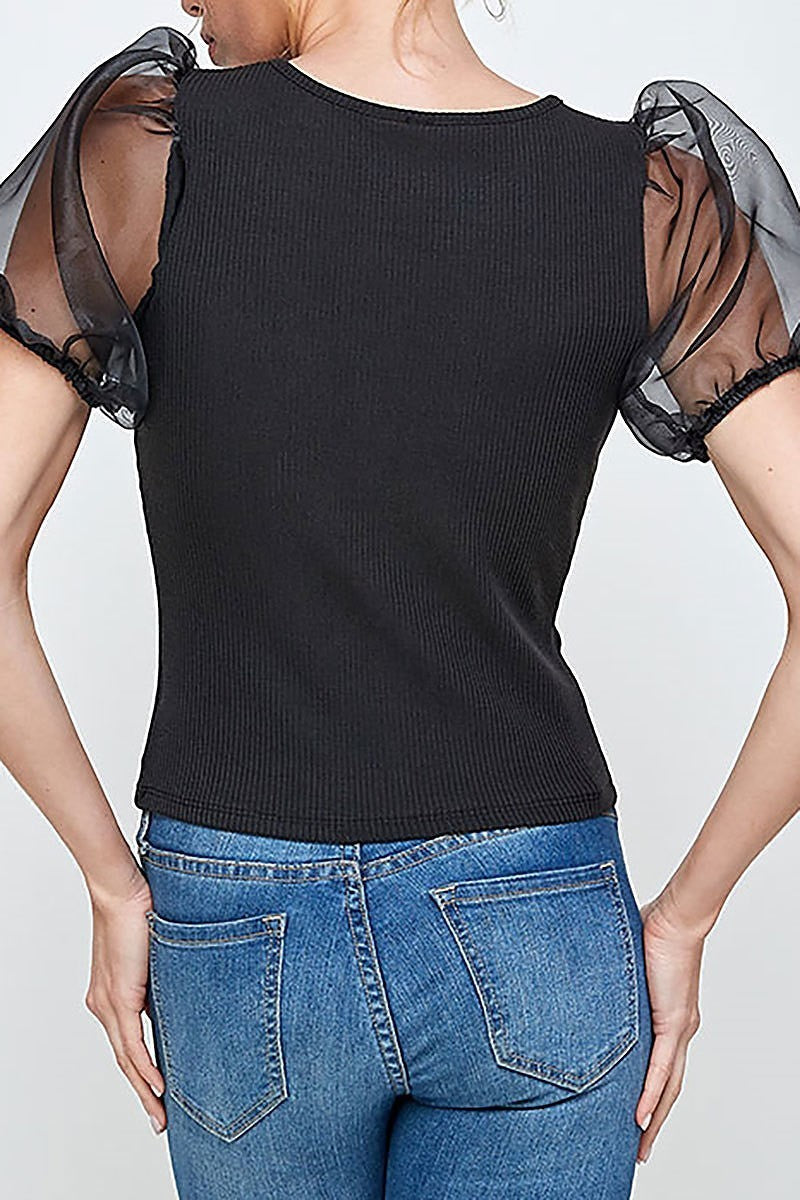 Sheer puff sleeve chain neck detail top (ED9483)