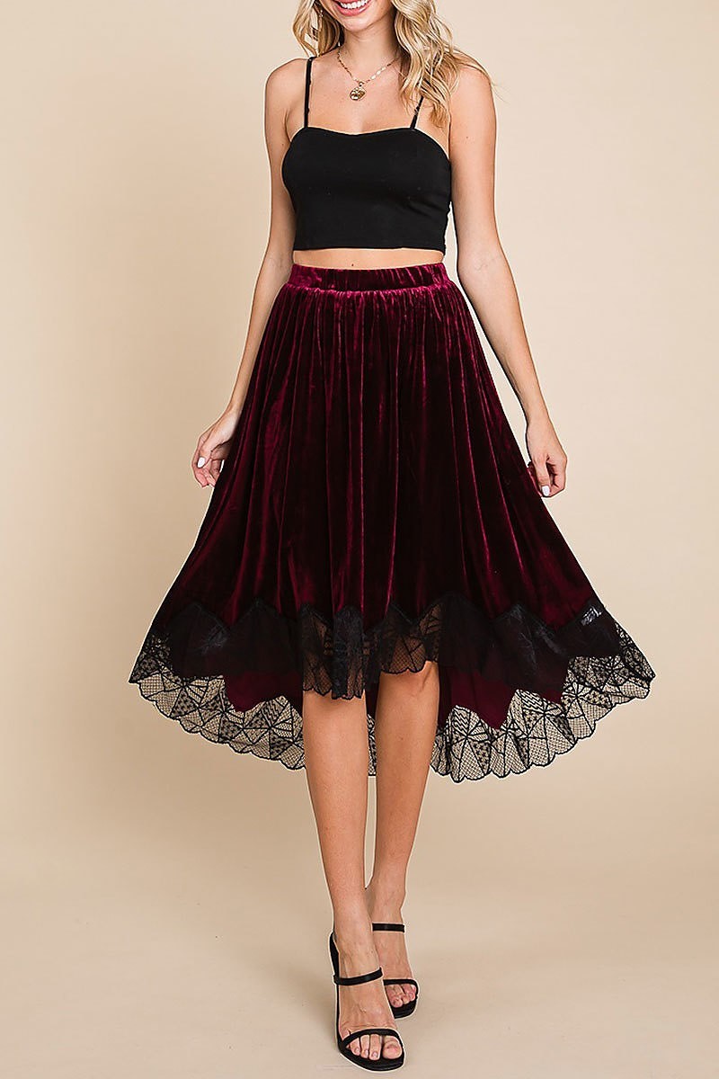 Velvet elastic waistband hi-low midi skirt w lace (EDH1827)