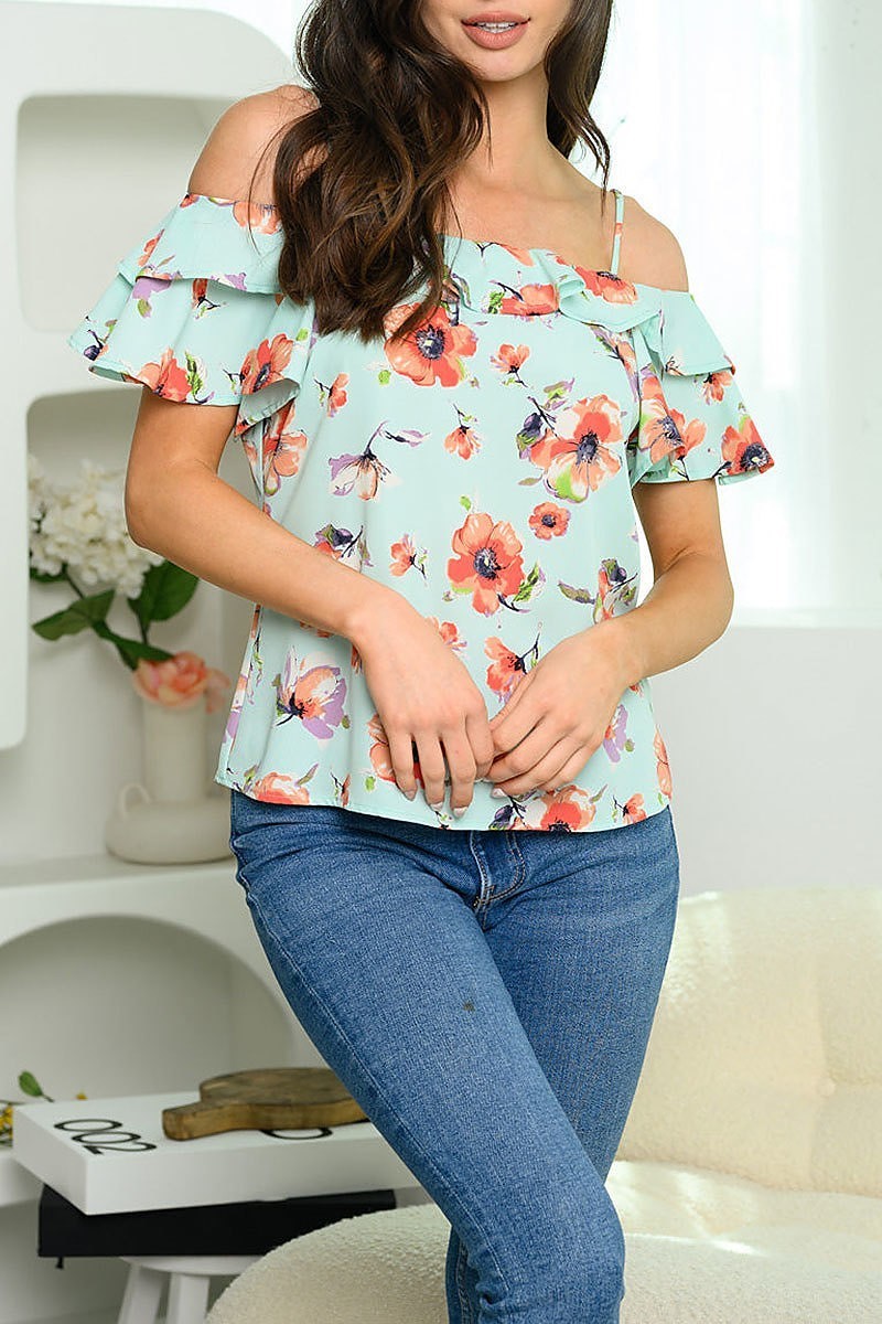 Cold shoulder ruffle floral top (EDWT6071)