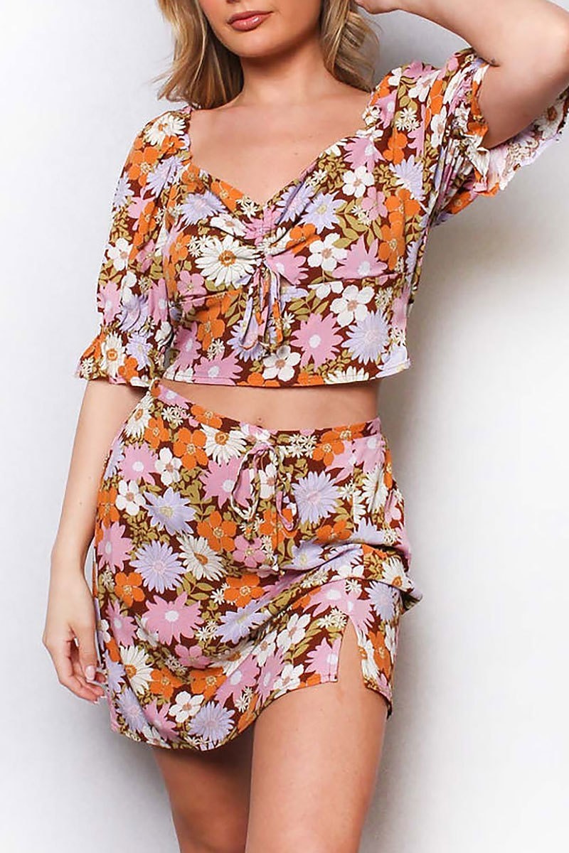 Short sleeve floral print crop top (SDG2987-TOP)