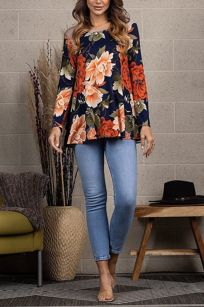 Floral print raglan long sleeves tunic knit top (EDSW2535)