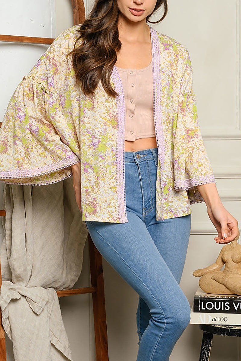 Bell sleeve open floral cardigan (EDWT5022)