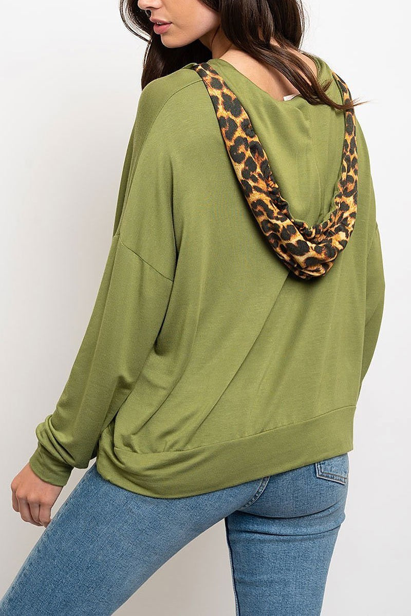 Animal print hoodie color block top (EDWT1856)