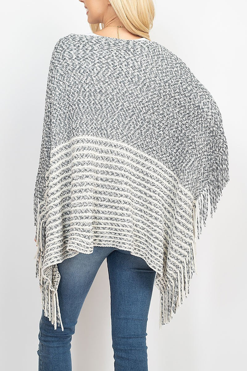 Knitted two tone striped fringe poncho (DGS5279)