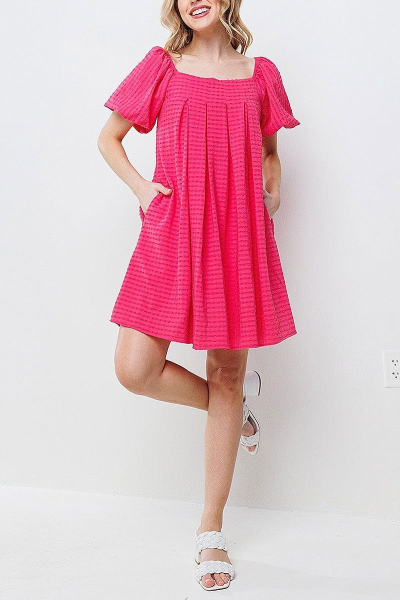 Short puff sleeves detailed pockets tunic dress (EGWT1414)