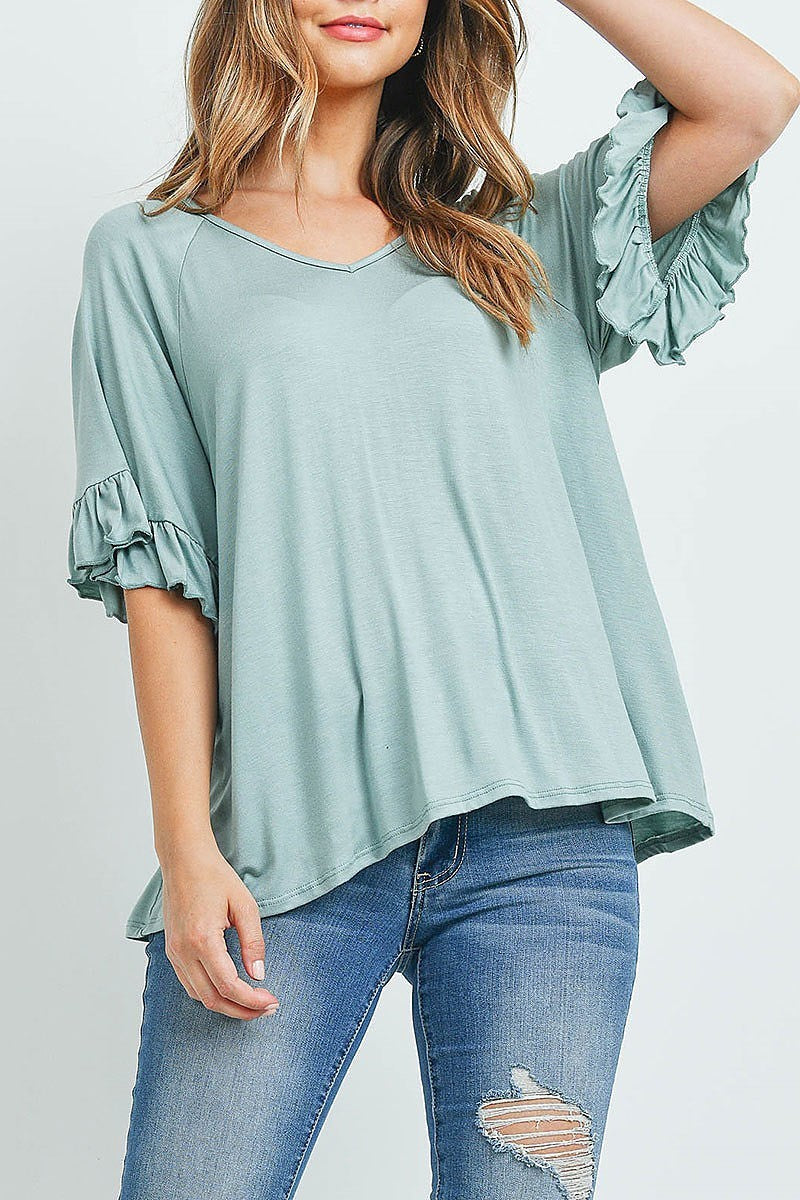 Ruffle detail bell sleeve v neck top (ED9619)