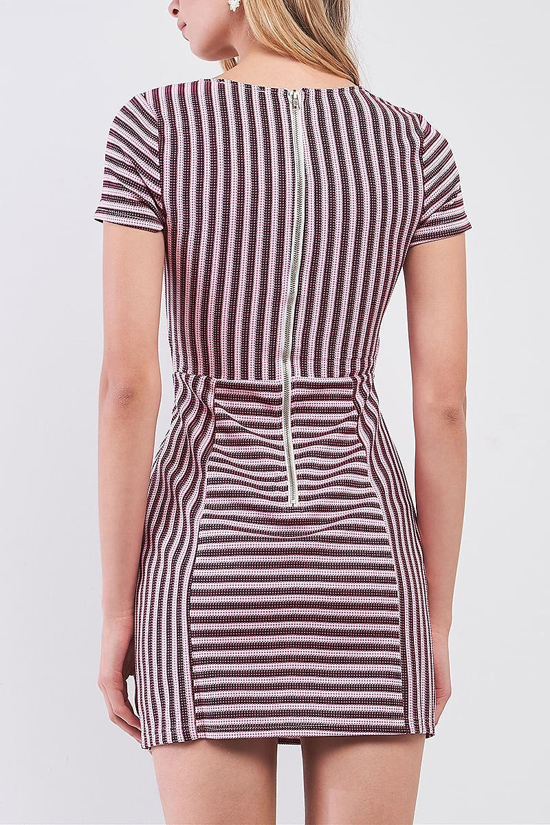 Crew neck cutout detail body con stripe dress (TDG8619)