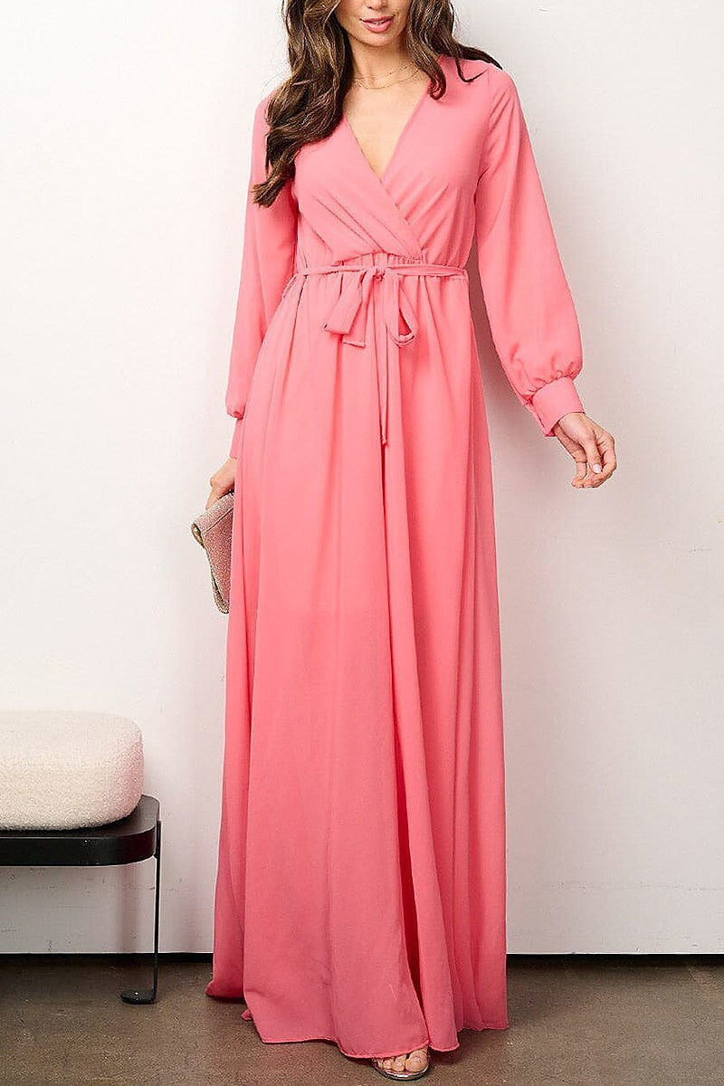 Long sleeve elastic waist surplice mesh maxi dress (EFWT6916)