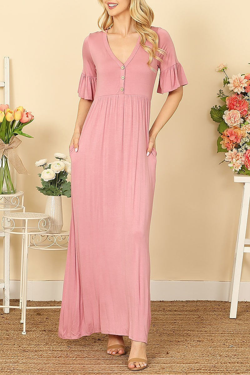 V-neck button detail side pocket solid maxi dress (DED9441)