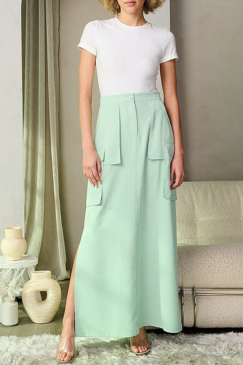 Button closure cargo pockets maxi skirt (EFWT8865)