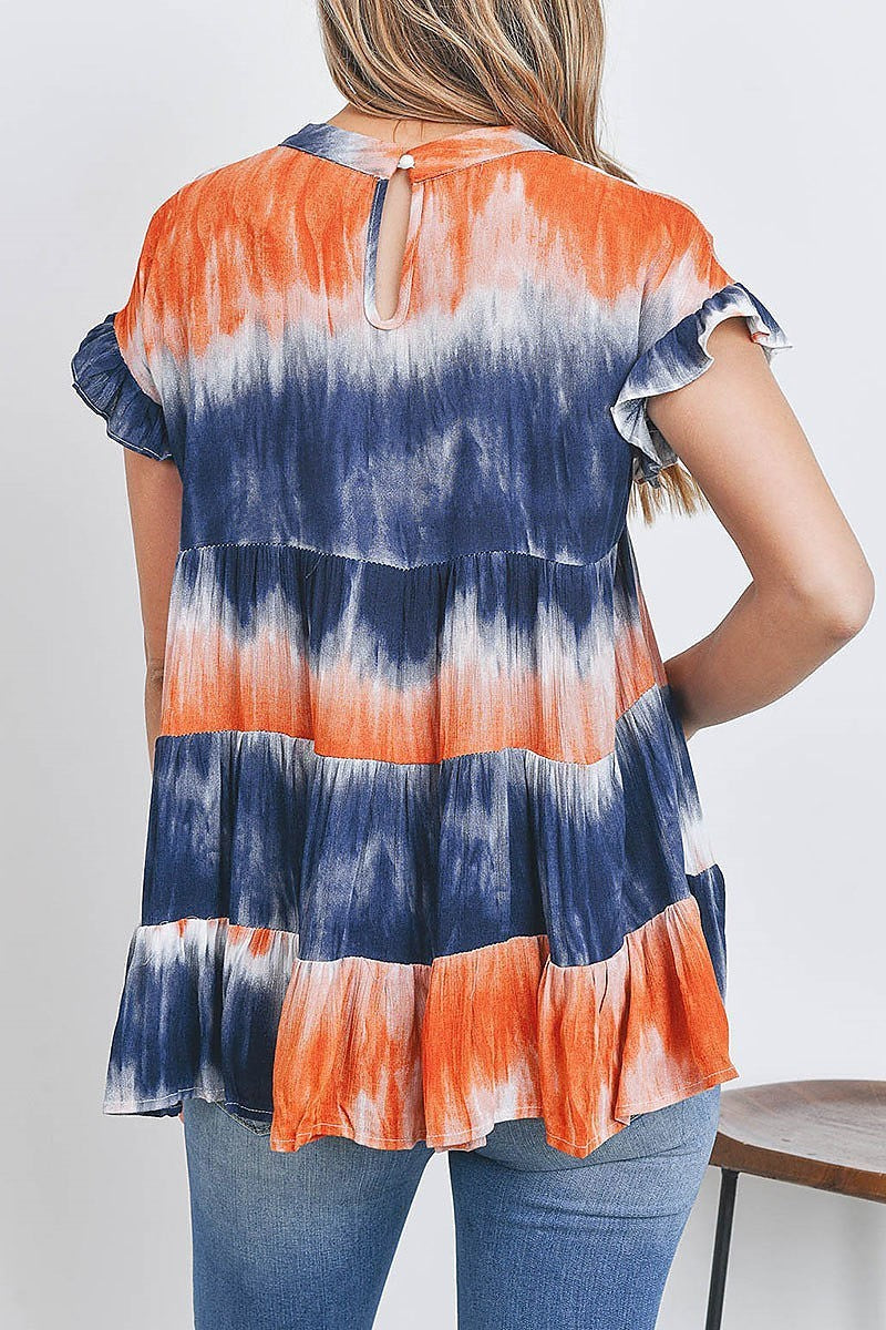 Crew neck ruffle sleeve tiered layered tie dye top (EF2635)