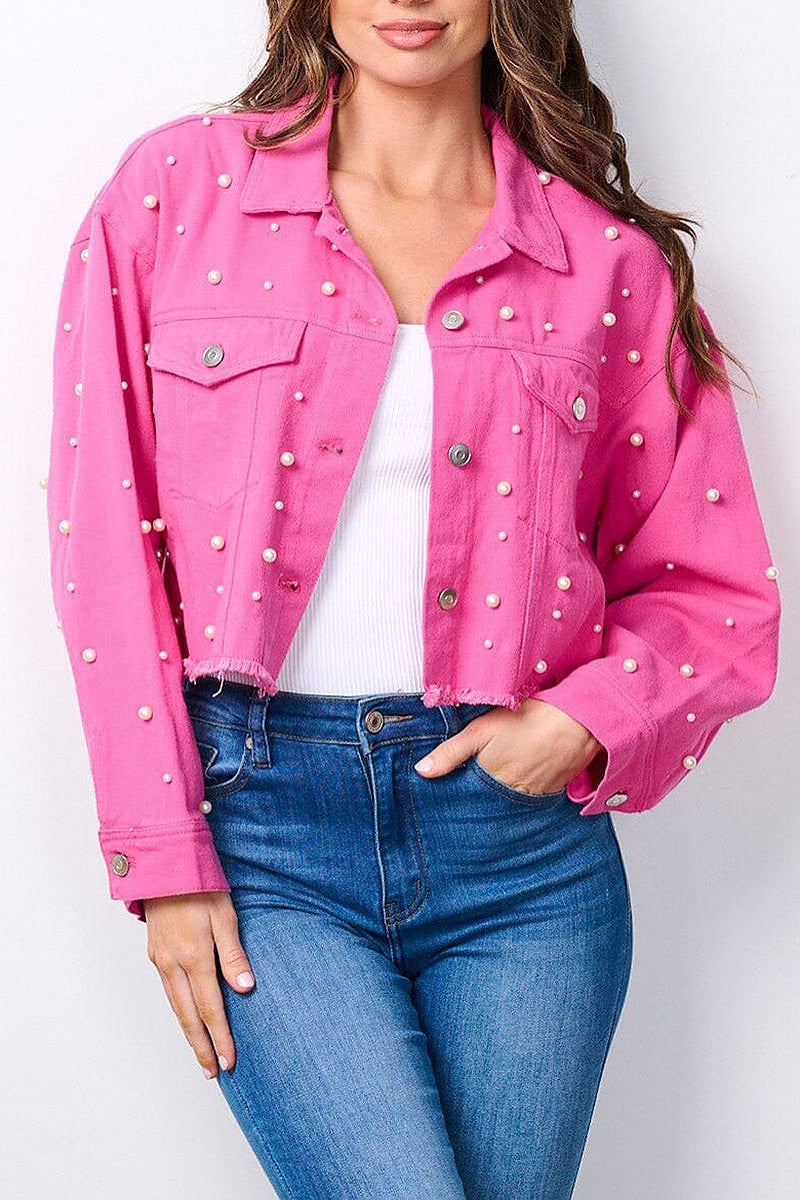 Button closure pearl detailed denim jacket (EFWT7596)