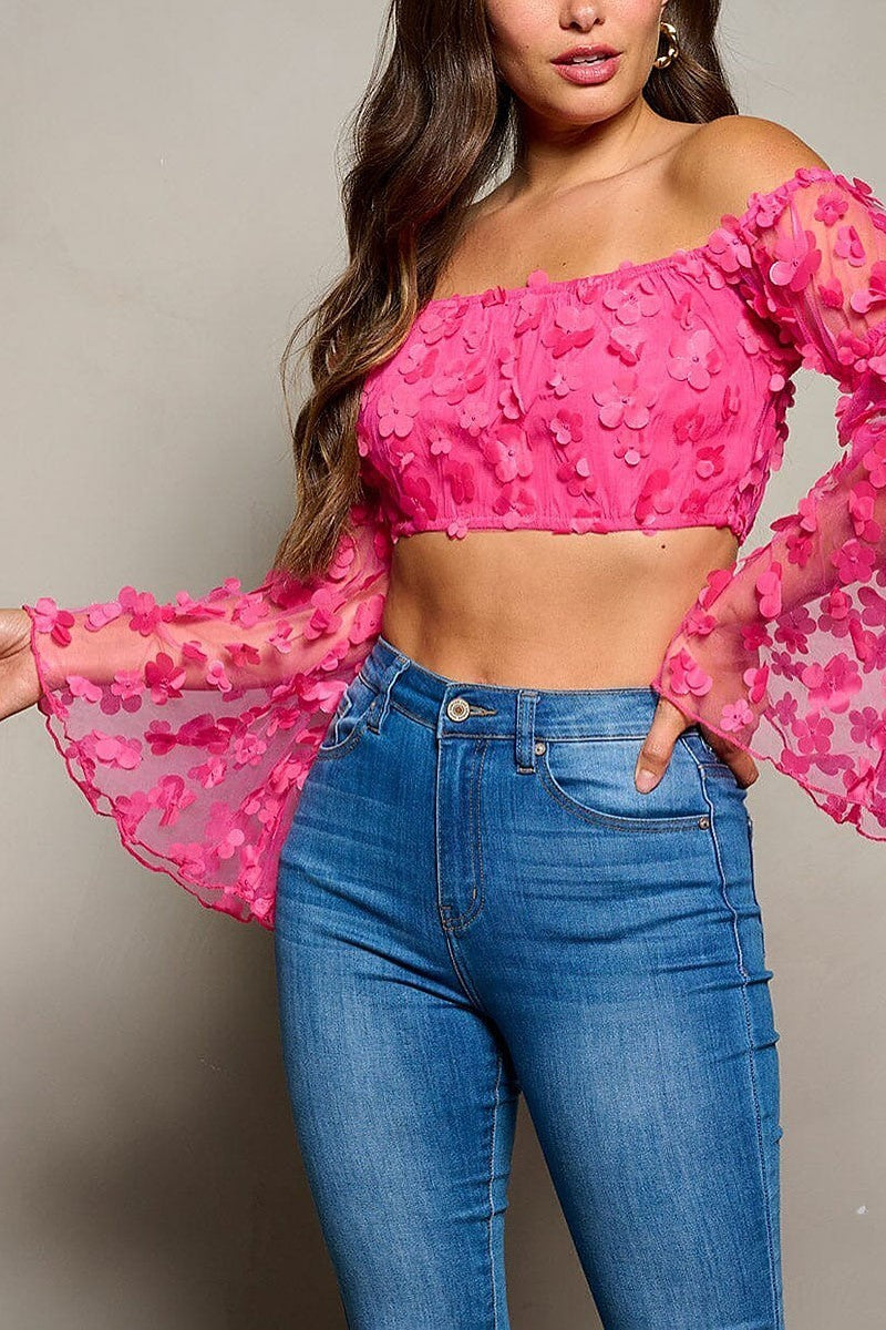 Bell sleeve off shoulder flowers detailed crop top (EFWT9949)