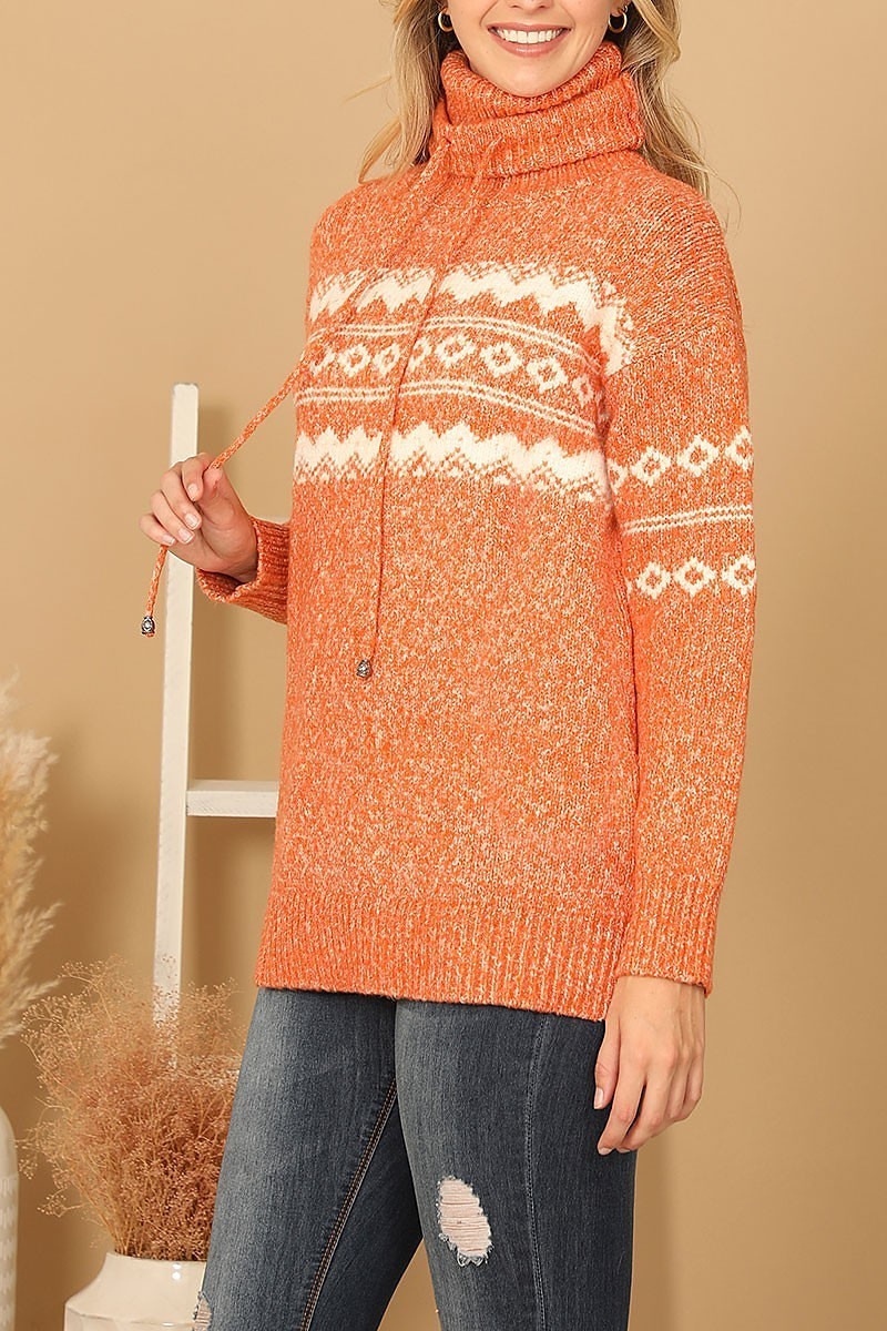 Turtle neck drawstring printed knit sweater (DGS6682)