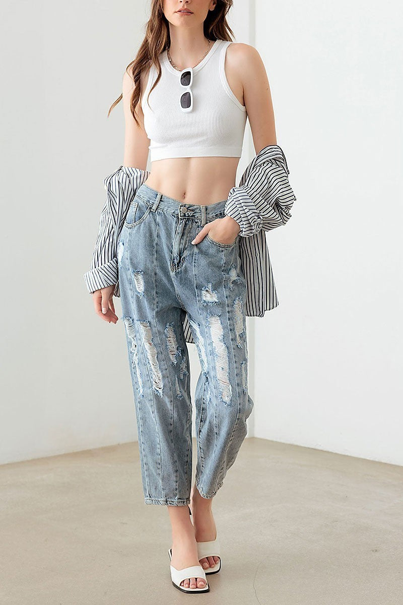 Barrel leg high waist distressed pants (TED2967)