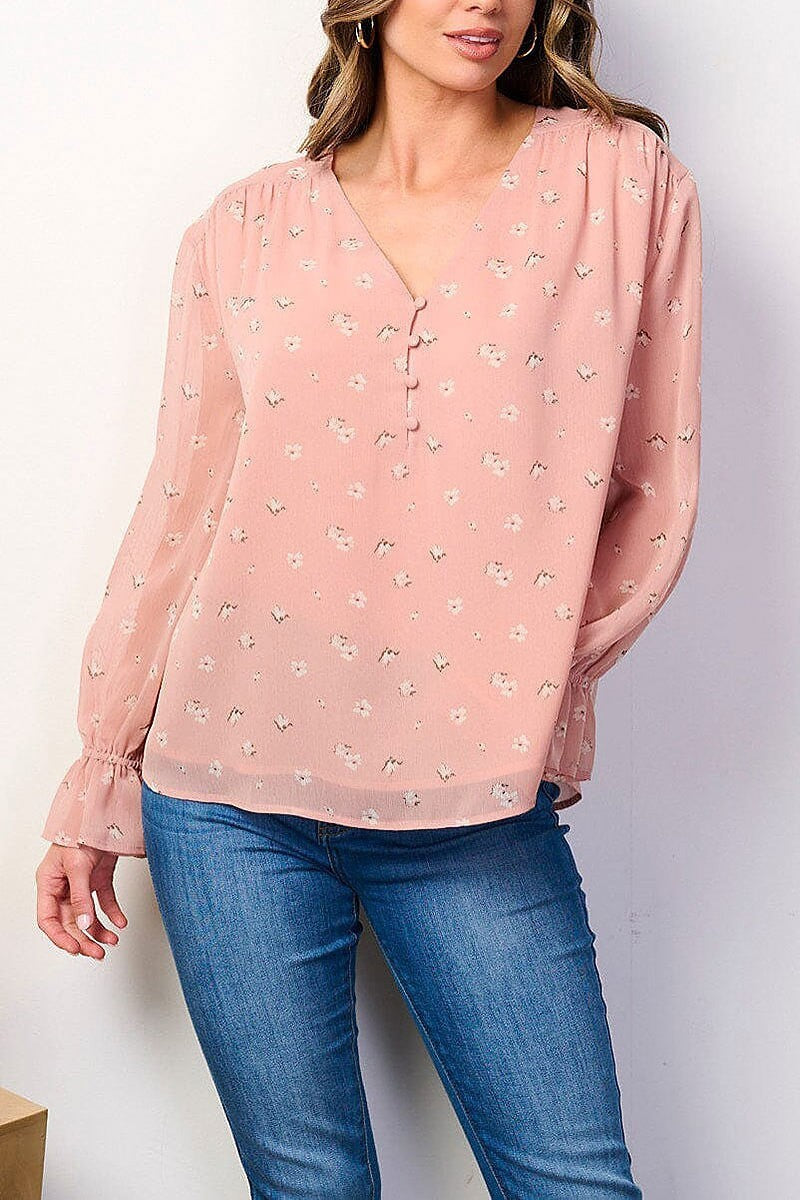 Long sleeve button up floral blouse top (EFWT8781)