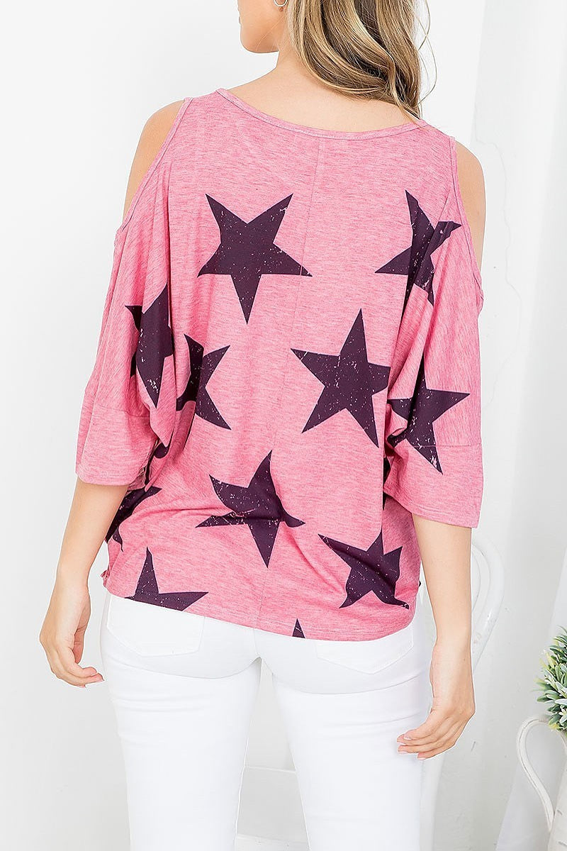 Stars print cold shoulder scoop neck distressed batwing top (EF3695)