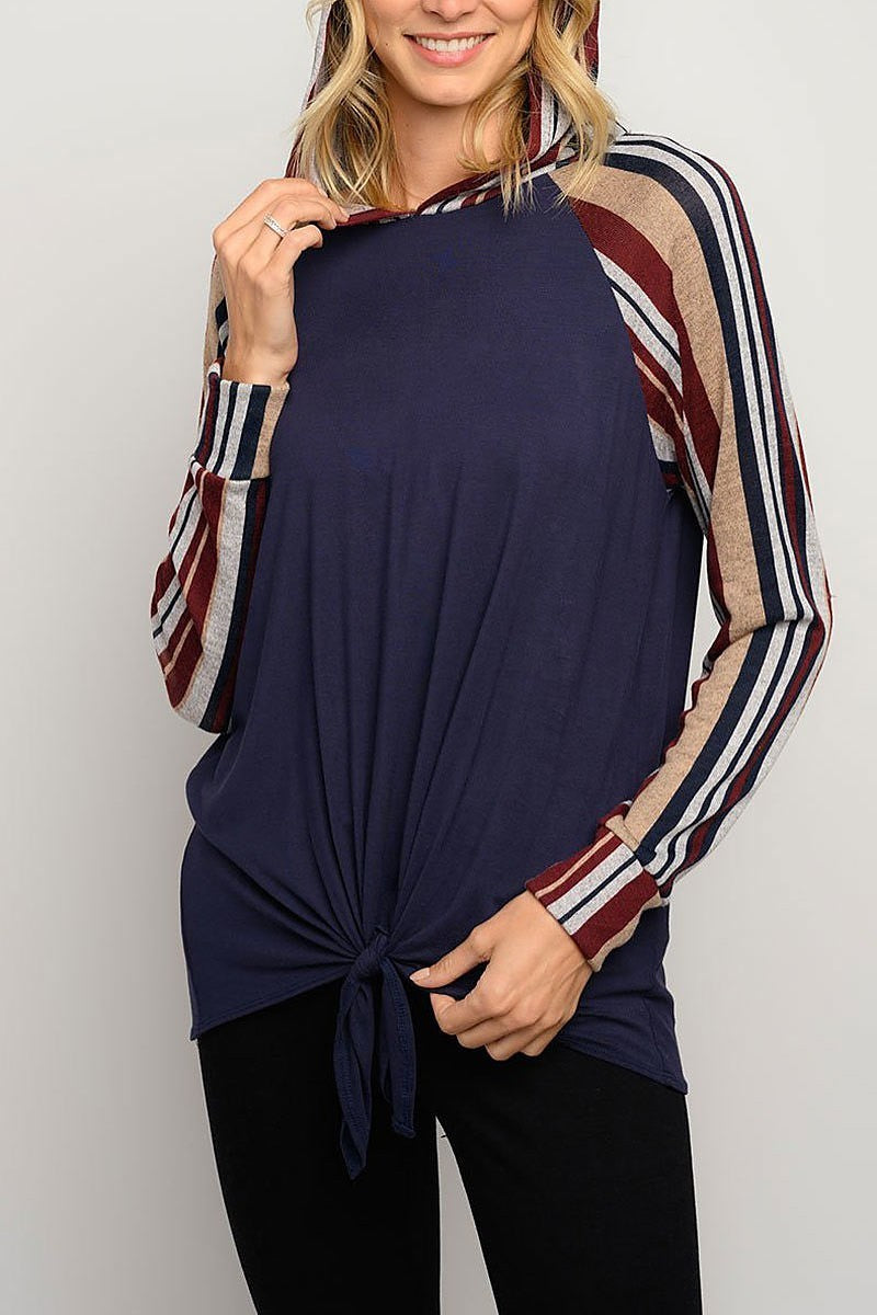 Stripe waist tie color block hoodie top (EDWT3242)