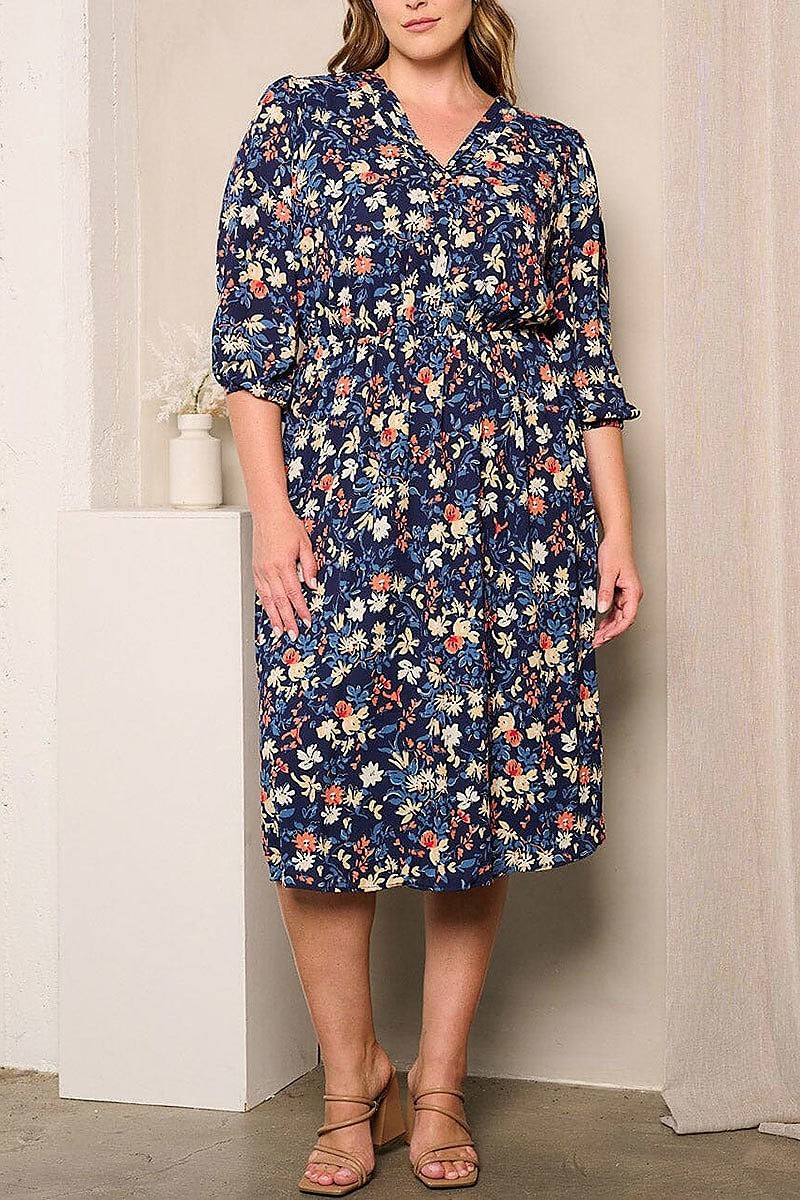 V-neck elastic waist floral midi dress (EFWT3692)