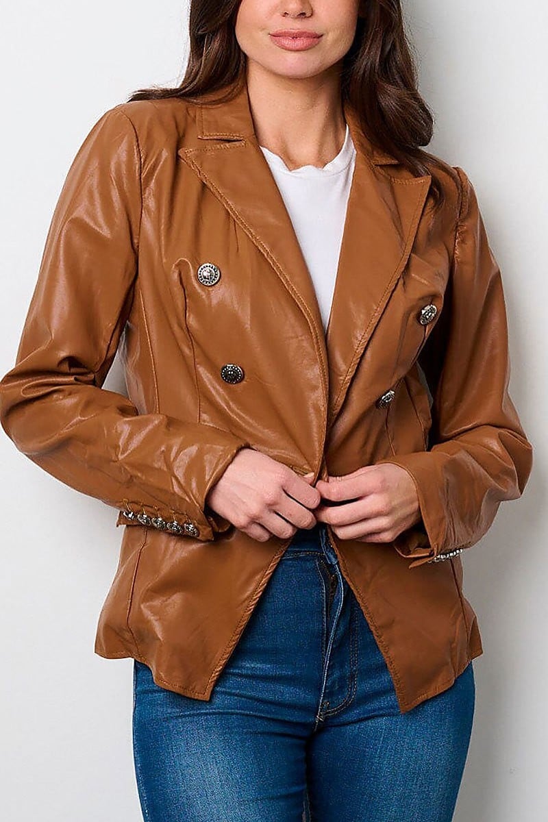 Button closure pockets pu pleather jacket (EFWT9057)