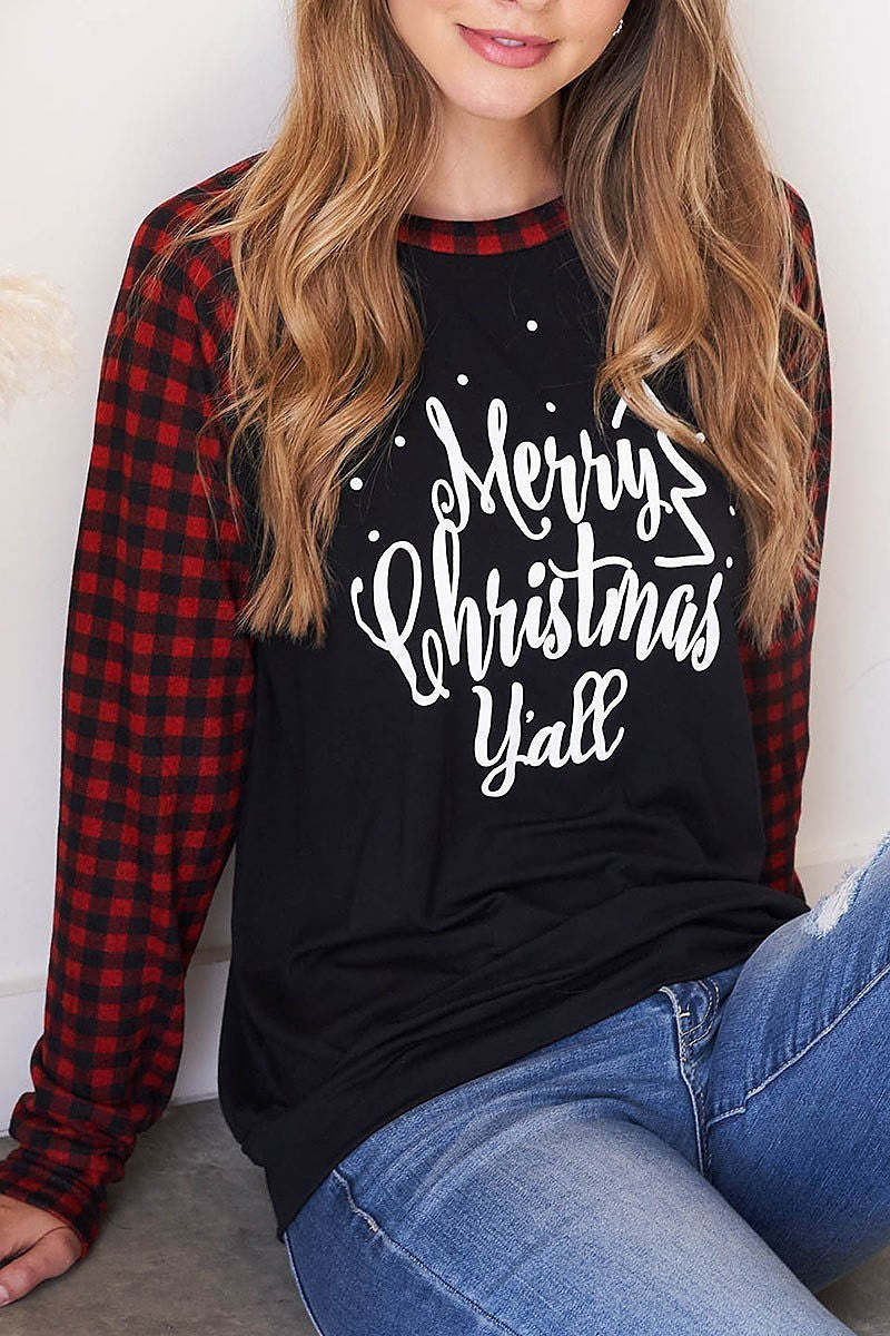 Plaid raglan merry christmas print top (EF2533)