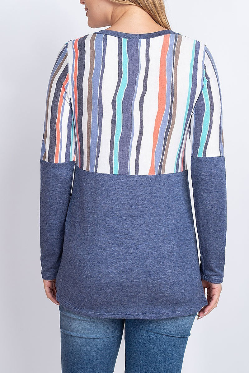 Stripe print twist hem color block top (EF1887)