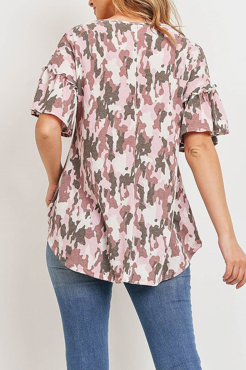 Camo print ruffle sleeve top (ED8929)