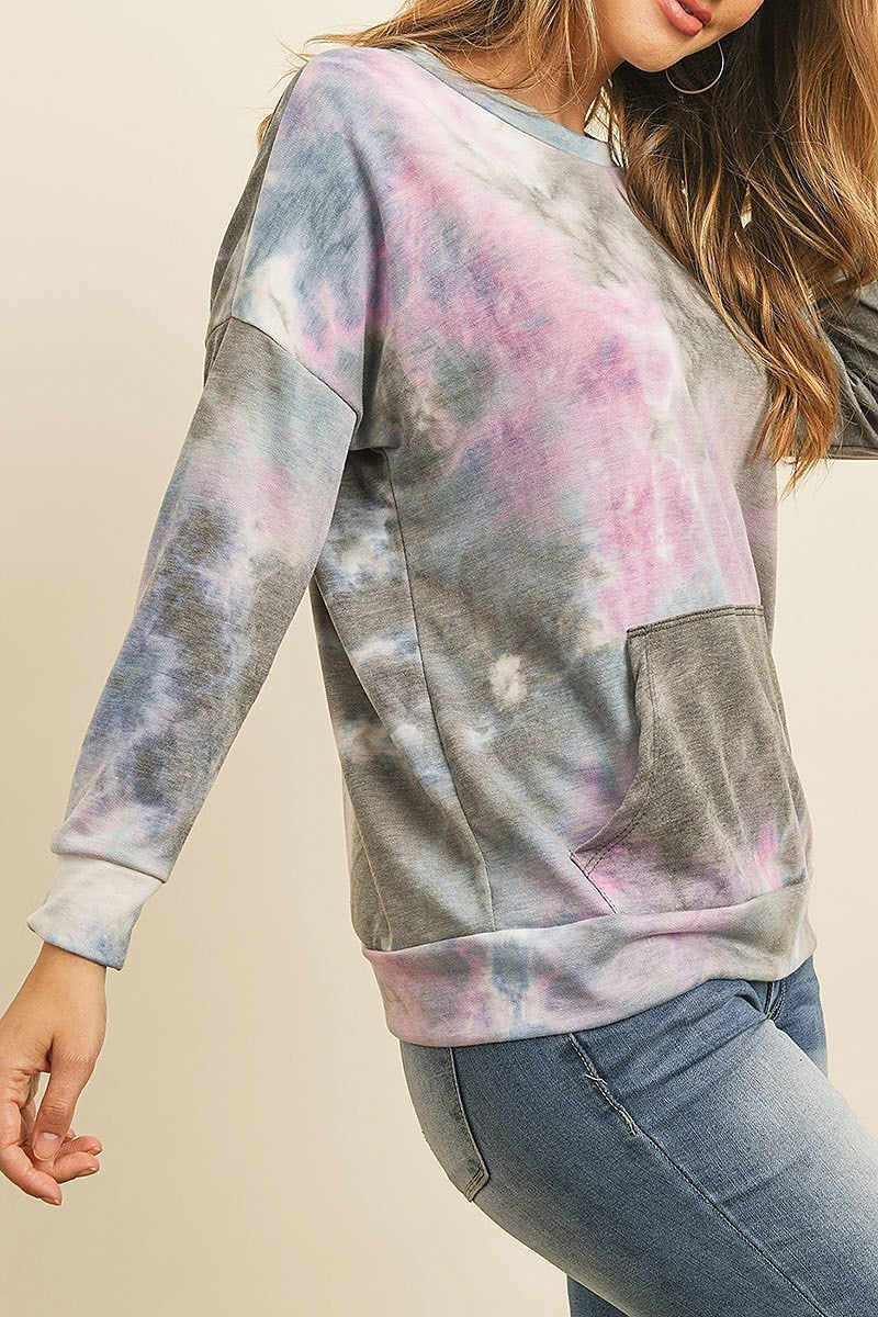 Fleeced french terry tie dye pullover with kangaroo pockets (ED8381-1-1)