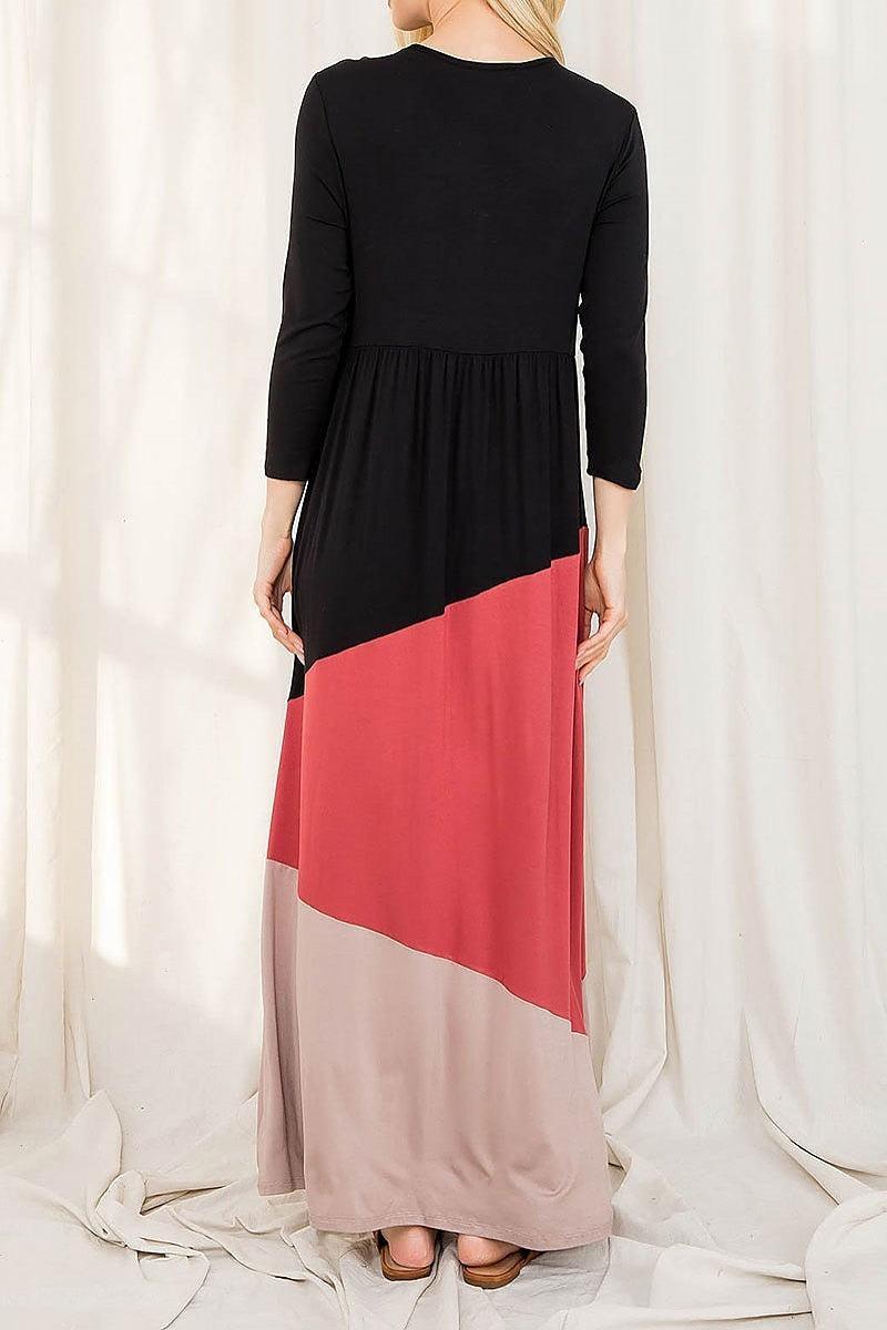 Long sleeve color block loose fit maxi dress (DED8855)