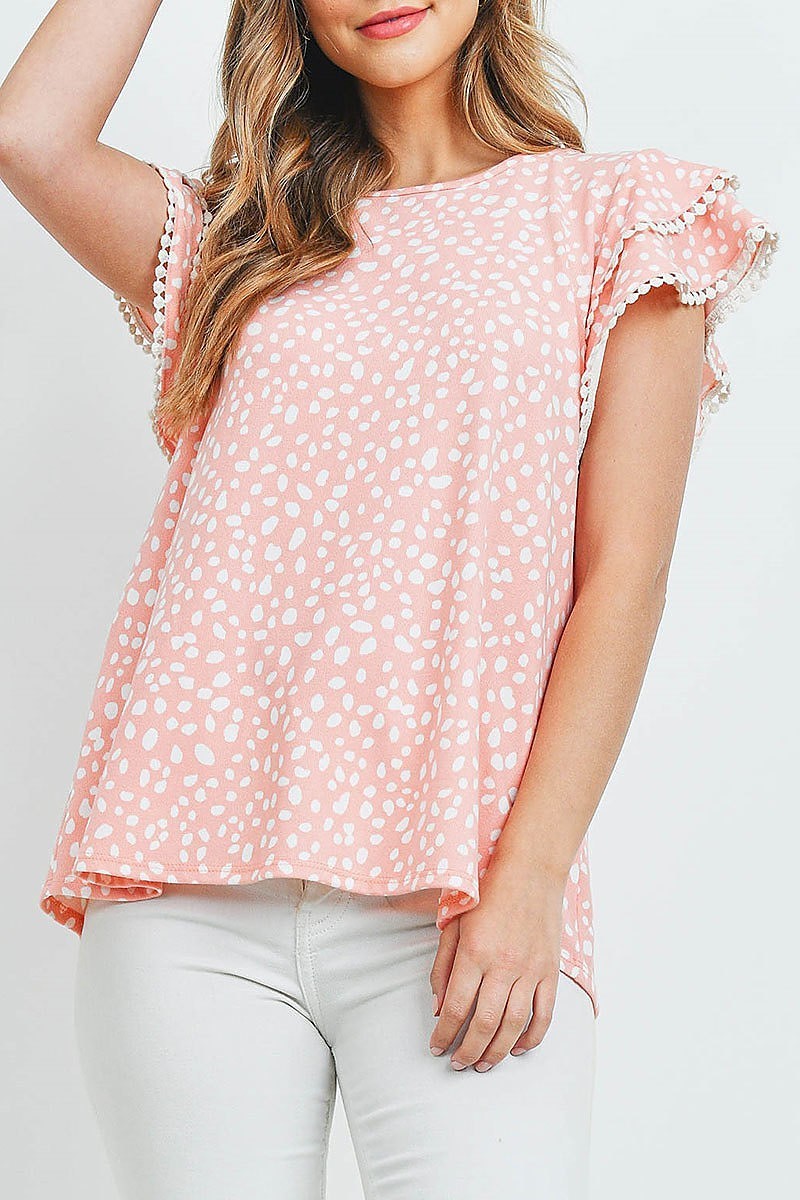 Pompom detail sleeves pebbles top (ED9790)