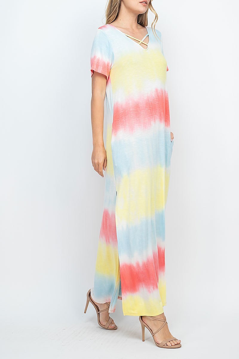 Tie dye crisscross neck maxi pocket dress (DED6709)