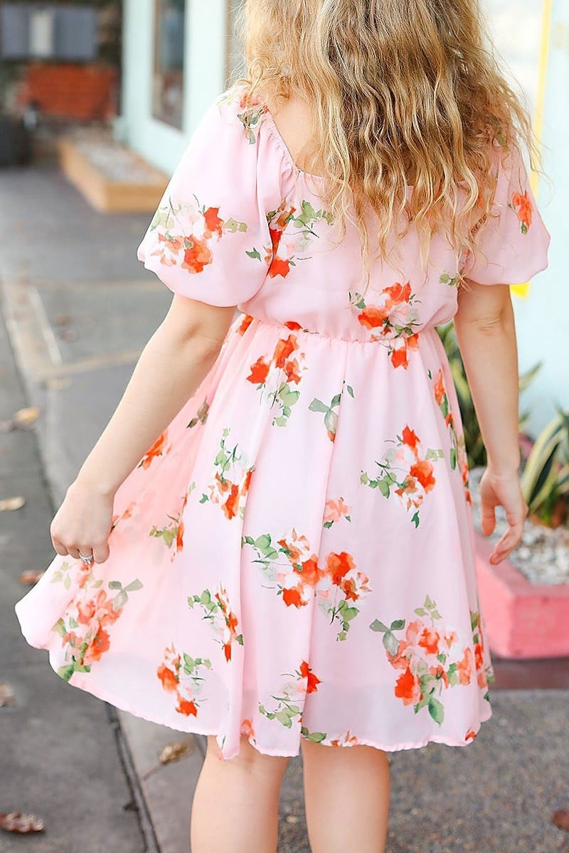 Floral puff bubble short sleeve midi dress (ETBM4593)