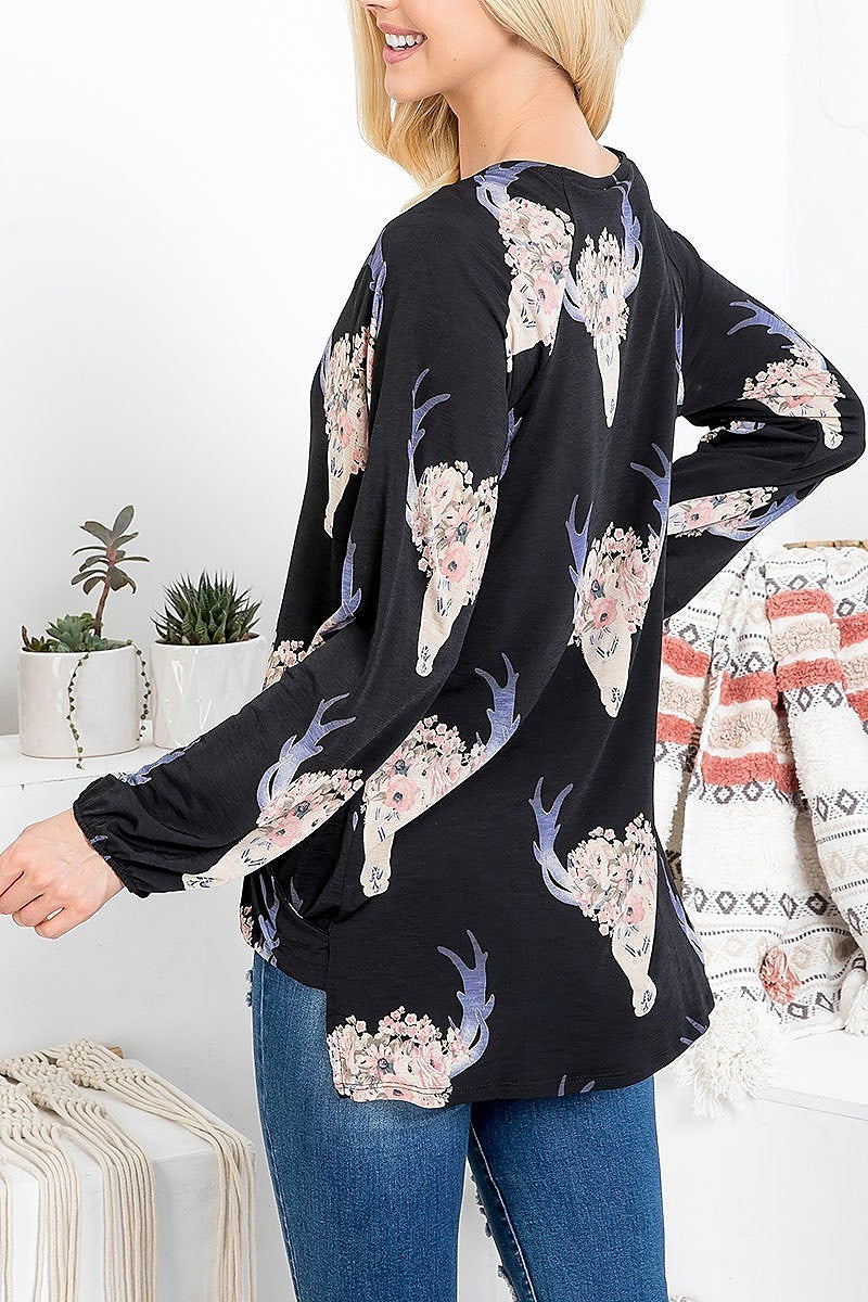 Bull head print crisscrossed neck surplus top (EF2181)