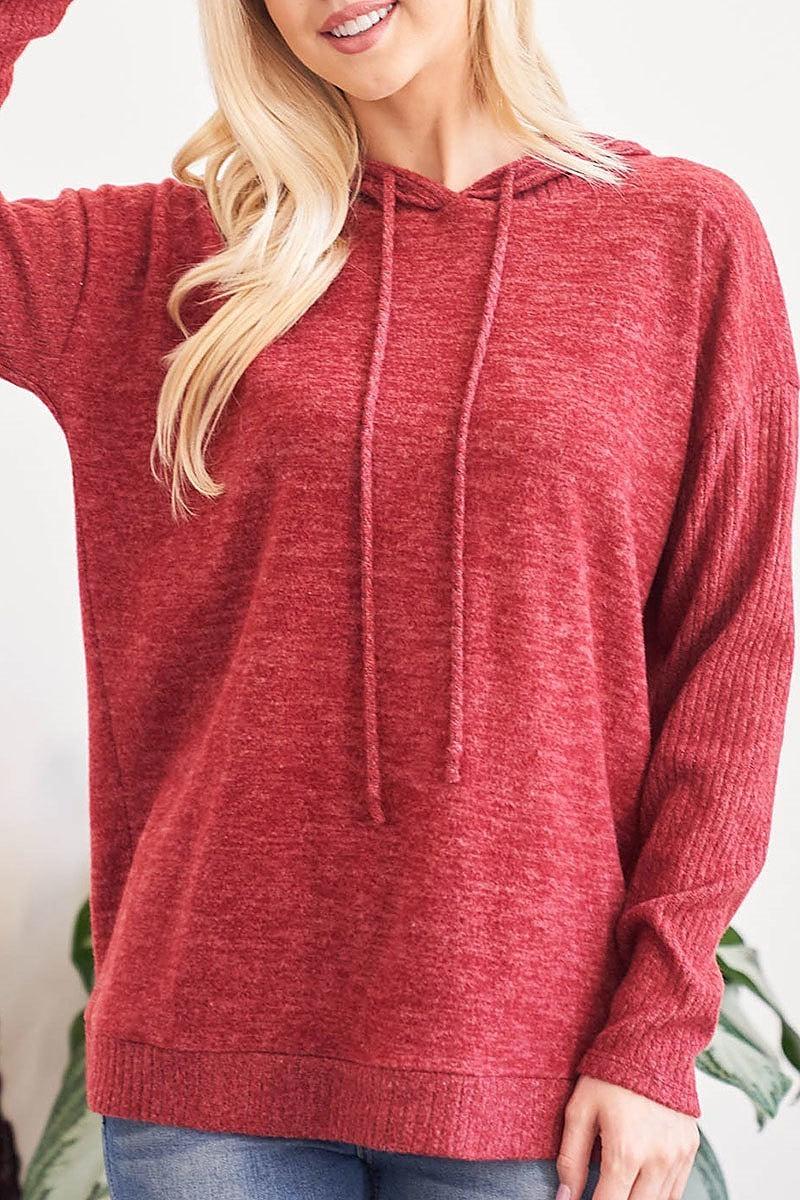 Rib brushed long sleeve spaghetti self tie hoodie (EF2393)