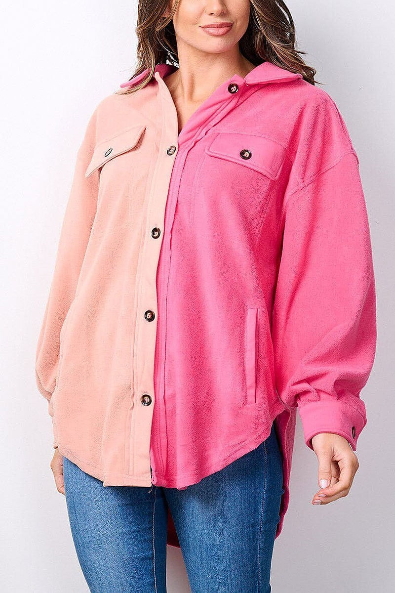 Long sleeve button up oversized colorblock top (EFWT7491)