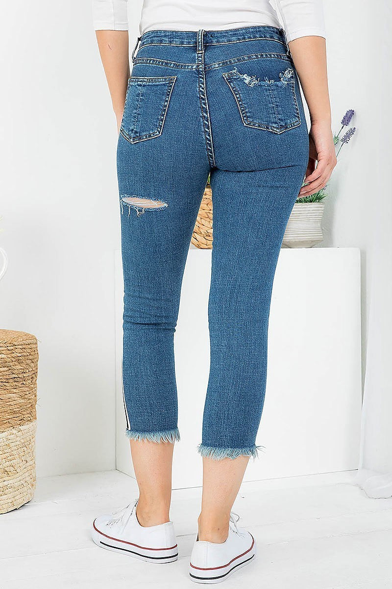 Distressed side contrast denim skinny pants (DGB3437)