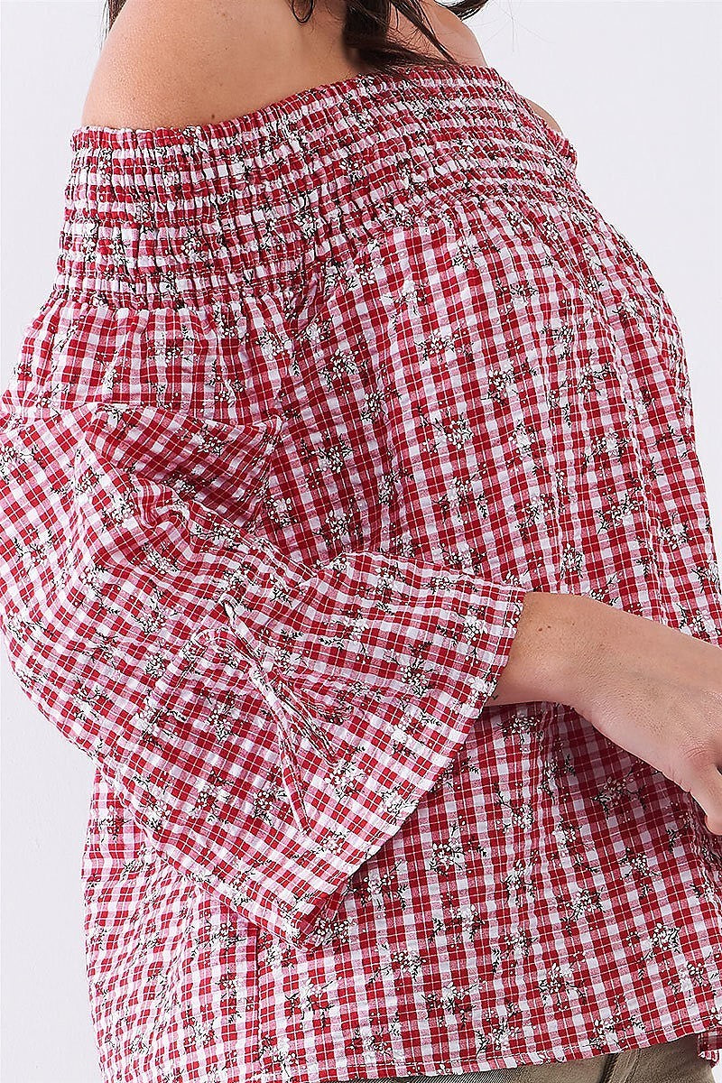 Off shoulder smoked detail floral plaid top (TDG8129)